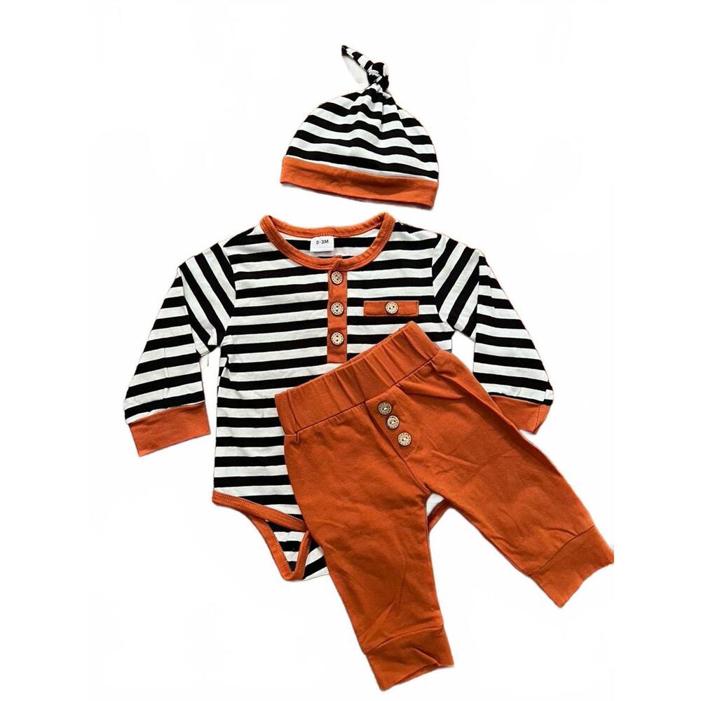 Baby Boy 3-pc Fall Outfit Set, Long Sleeve Bodysuit, Pants + Hat (0-3m)